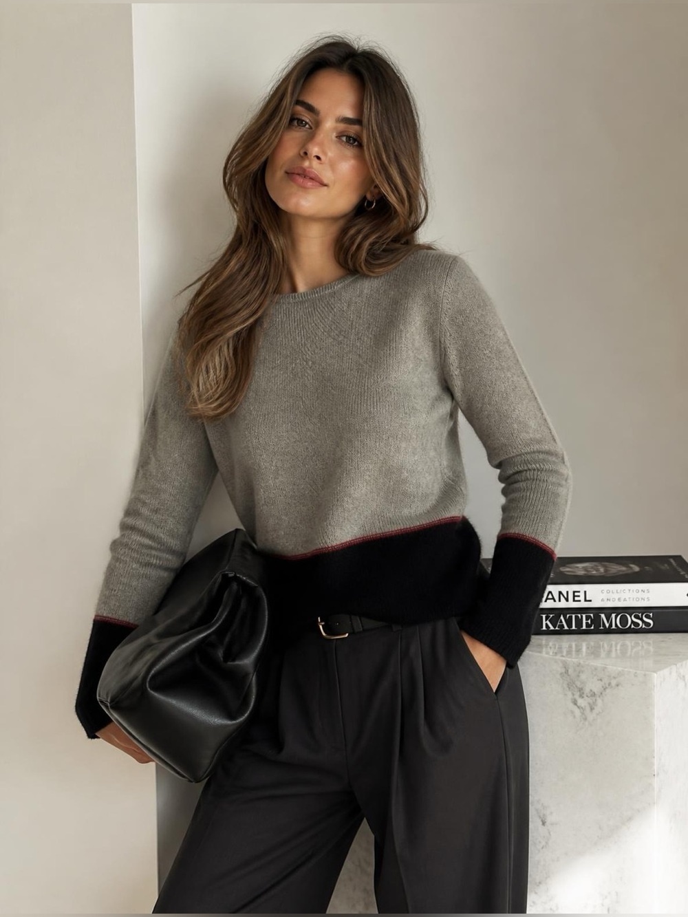 Andre Christian 100% Cashmere Colourblock Sweater, Gray/Black, Size S